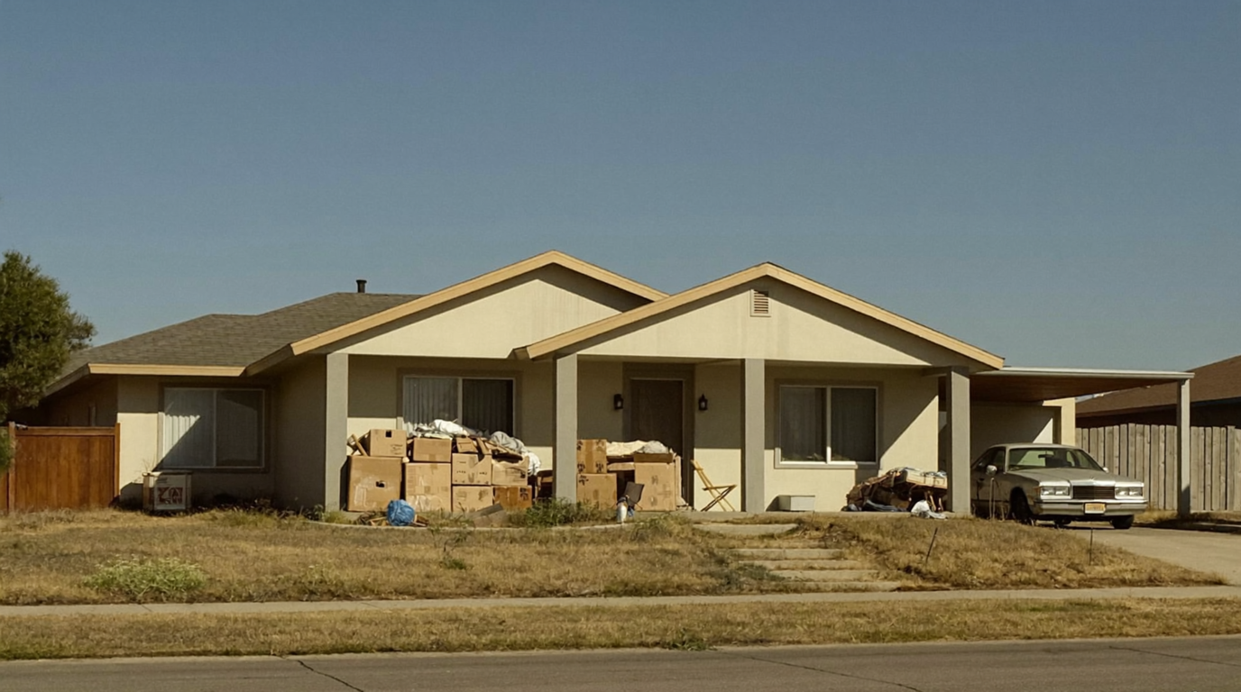 Bay Area home in hoarder condition — exterior with subtle distress signals visible from the street